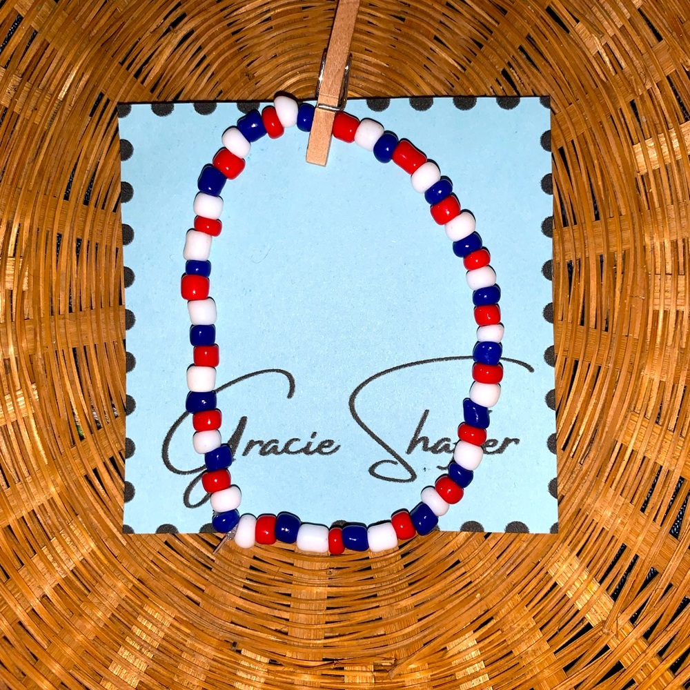 Handmade Red, White & Blue Beaded Bracelet